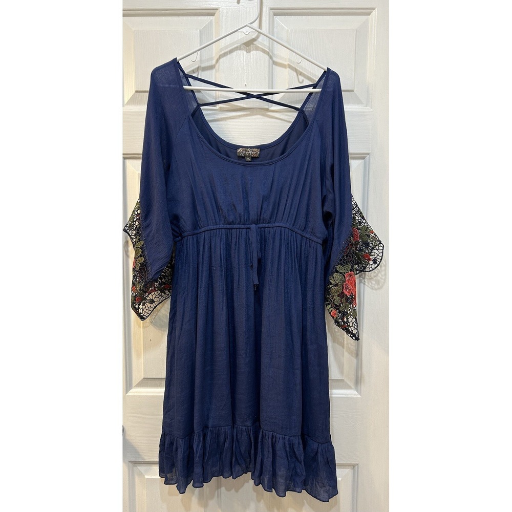 J. Glee Navy Boho Pullover Dress XL Whimsical Butterfly Fairy Embroidered Lace